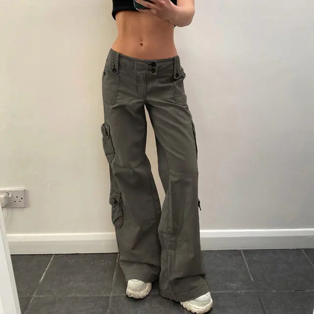 Button Low Waist Cargo and Denim Pants