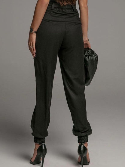 Belted High Waist Cargo Pants Office Lady Solid Long Pants