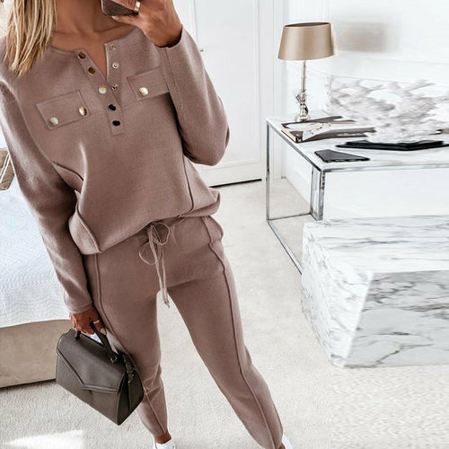 Loose Outfits Long Sleeve Metal Button Tops+Drawstring Pants Set