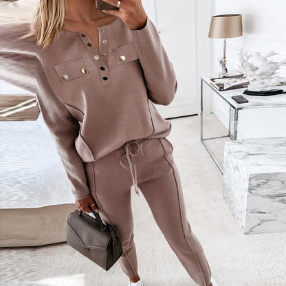 Loose Outfits Long Sleeve Metal Button Tops+Drawstring Pants Set