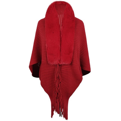 Capa poncho de punto con chal y borlas para mujer 