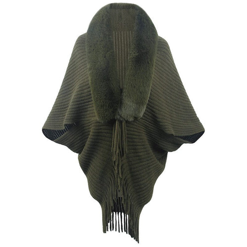 Capa poncho de punto con chal y borlas para mujer 