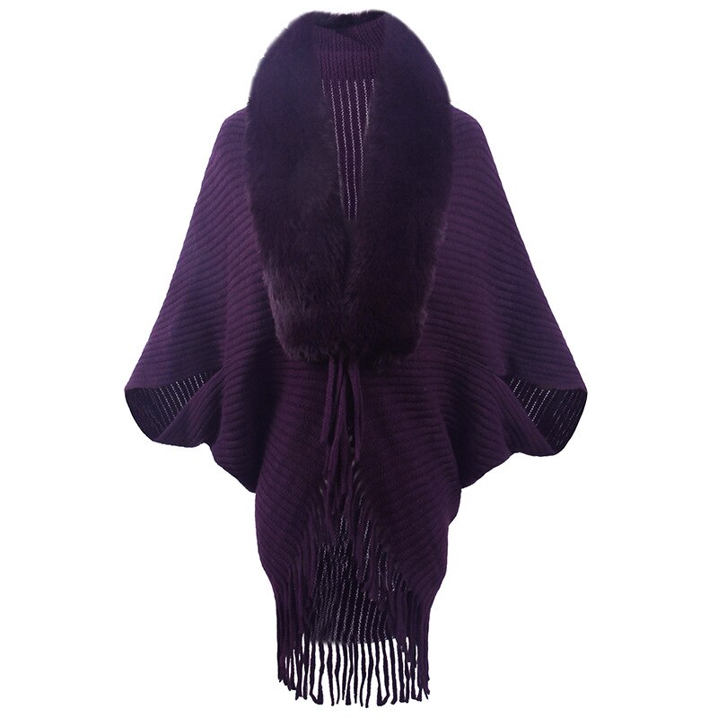 Capa poncho de punto con chal y borlas para mujer 