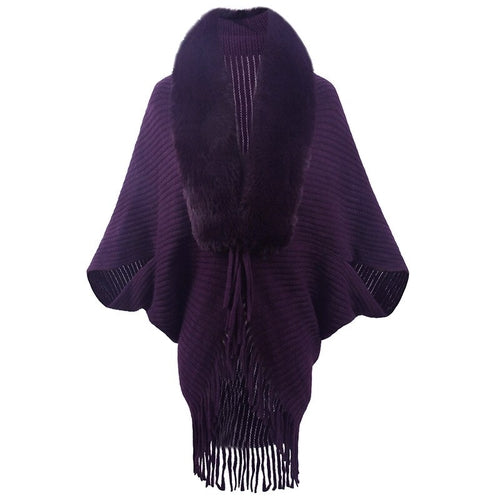 Capa poncho de punto con chal y borlas para mujer 