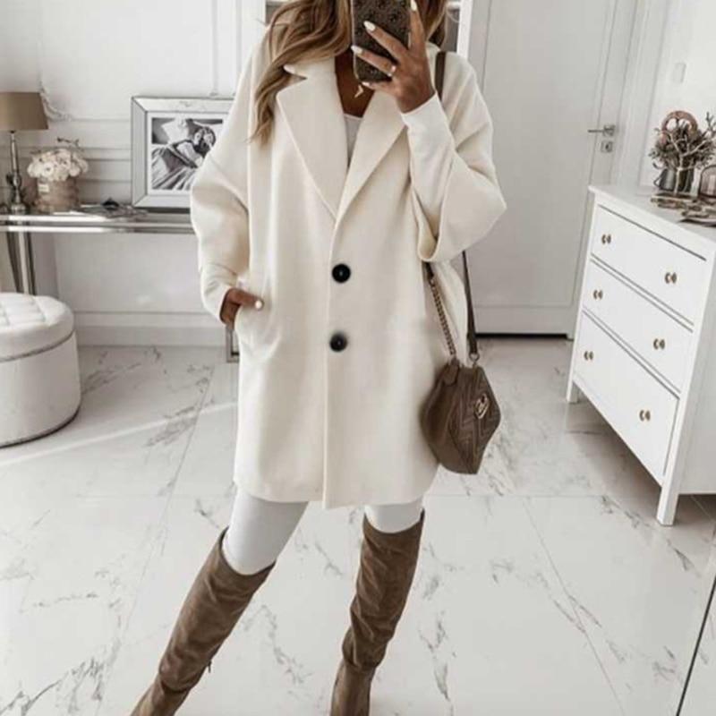 Women Turn-down Collar Button Woolen Coat