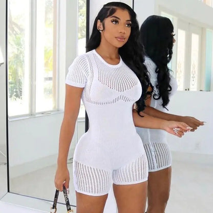 Knitted Hollow Out O-Neck Short Sleeve Skinny Romper