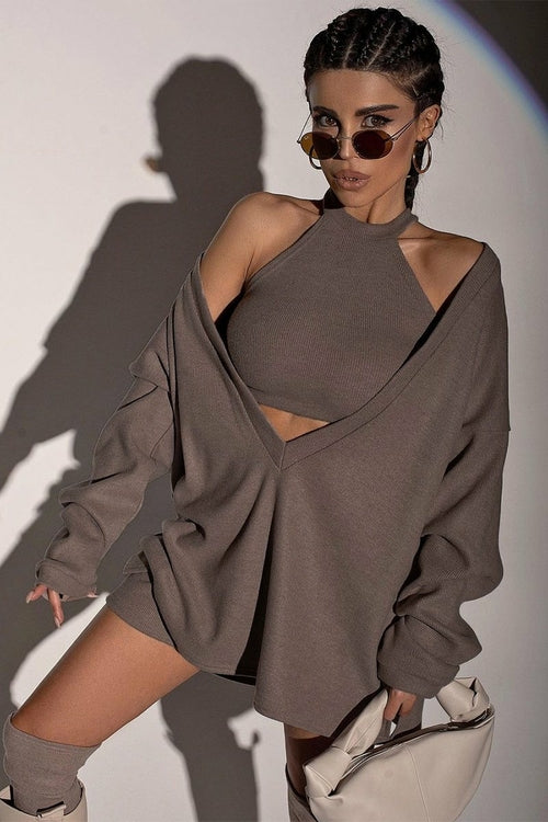 Knitted 2 Pieces Set Women V-Neck Long Sleeve Sets Solid
