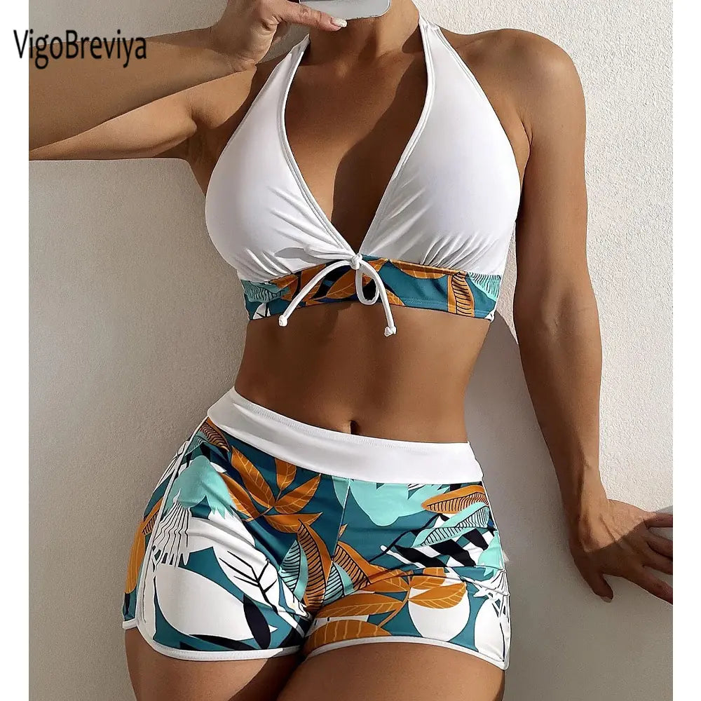 VigoBreviy Traje de baño con estampado atado y cuello halter para mujer, sexy, cintura alta