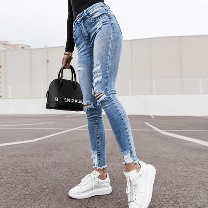 Casual High Waisted Tassel Hole Slim Denim Jeans