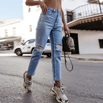 Casual High Waisted Tassel Hole Slim Denim Jeans