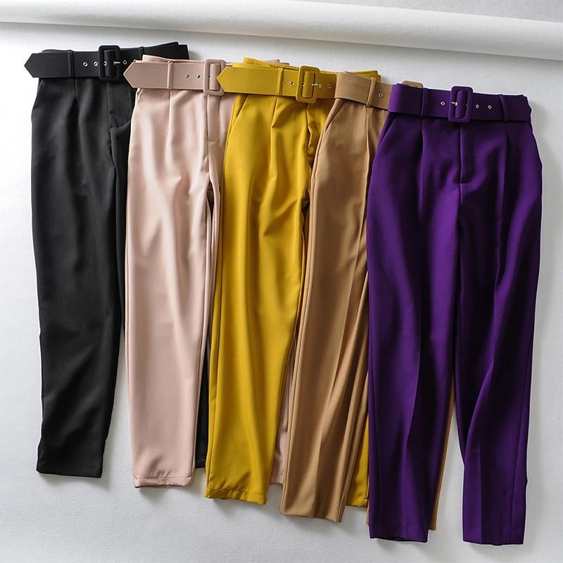 Pantalones de mujer cintura alta con cinturón bolsillos clásicos Office Lady 