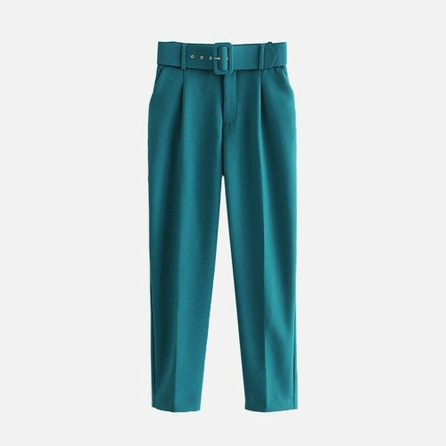 Pantalones de mujer cintura alta con cinturón bolsillos clásicos Office Lady 