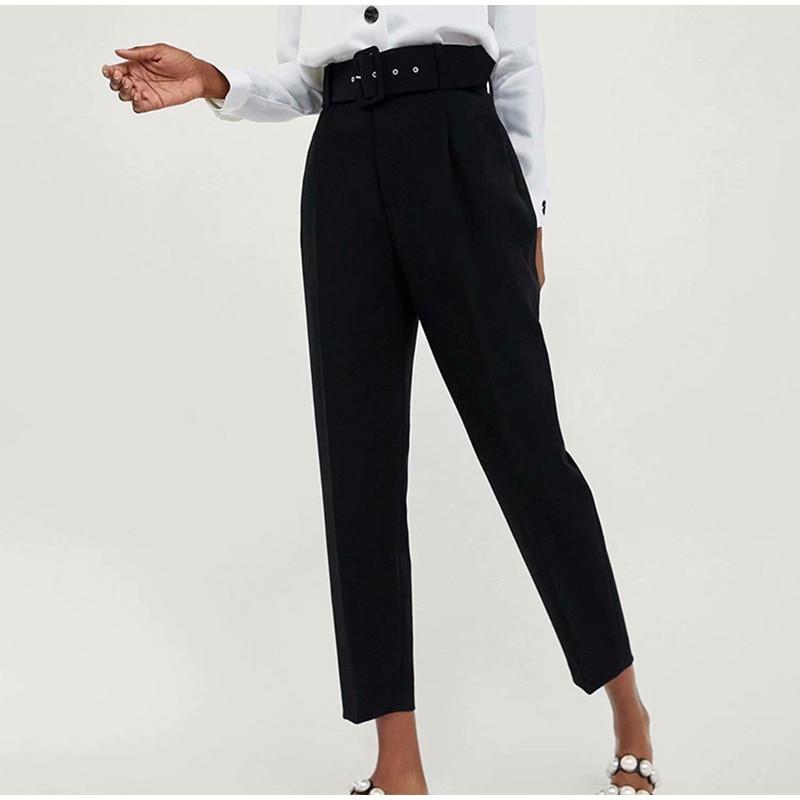 Pantalones de mujer cintura alta con cinturón bolsillos clásicos Office Lady 