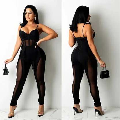 Spaghetti Strap Bodycon Mesh Jumpsuit