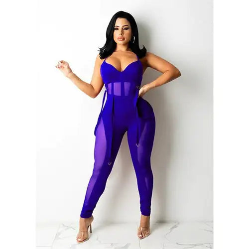 Spaghetti Strap Bodycon Mesh Jumpsuit