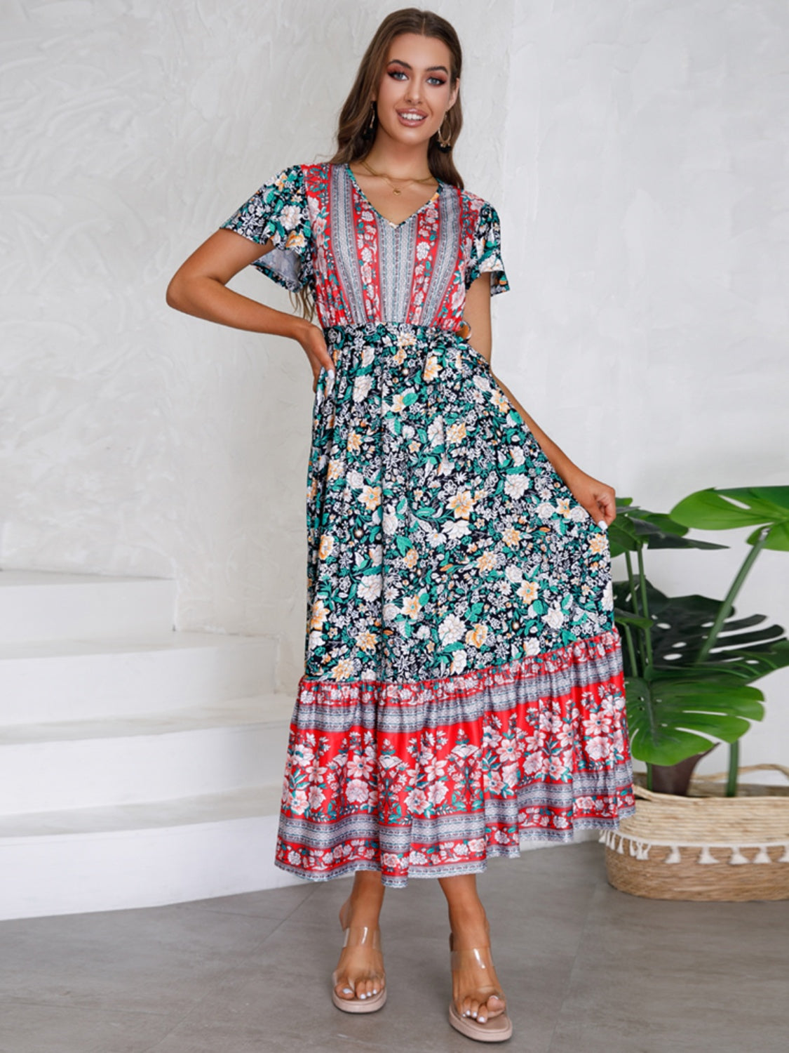 Tied Printed V-Neck Short Sleeve Dress