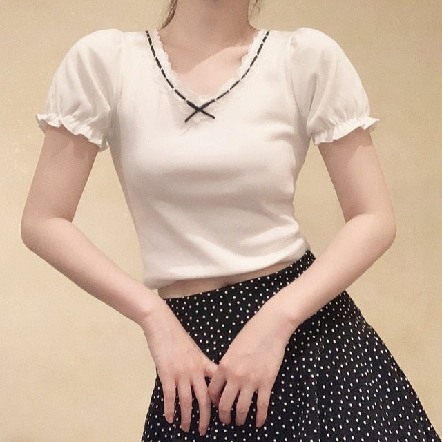 V-Neck Bowknot T-Shirt Ribbon Lace