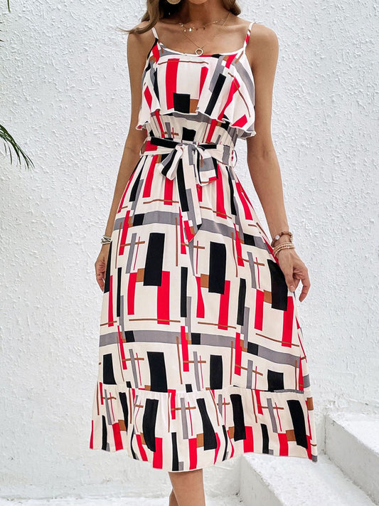 Vestido midi con cintura anudada y estampado con volantes