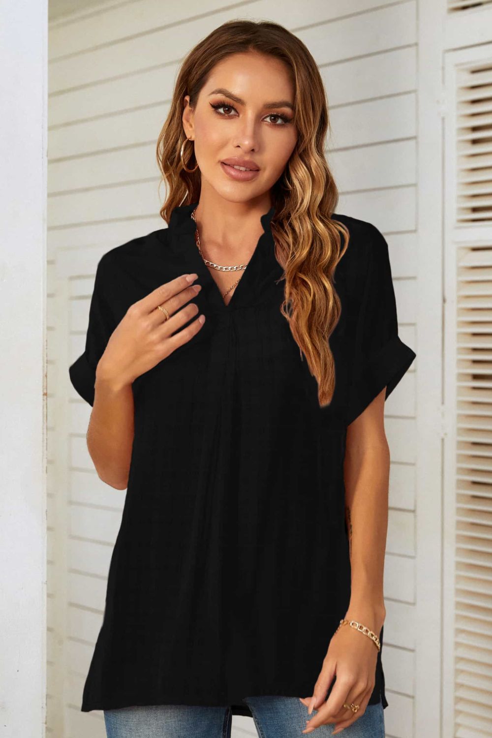 Mandy Notched Neck Slit Cuffed Blouse