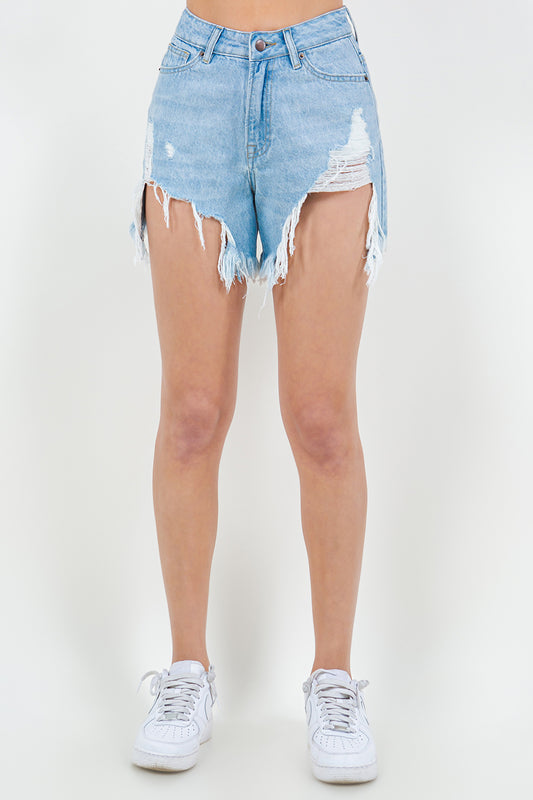 Shorts vaqueros de talle alto con dobladillo con flecos de American Bazi