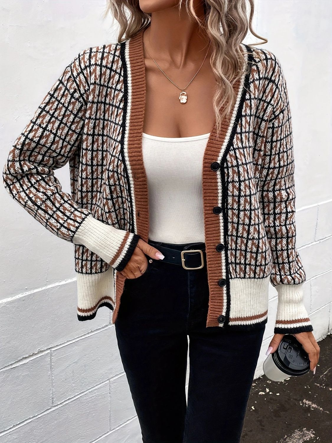 Plaid V-Neck Button Up Cardigan