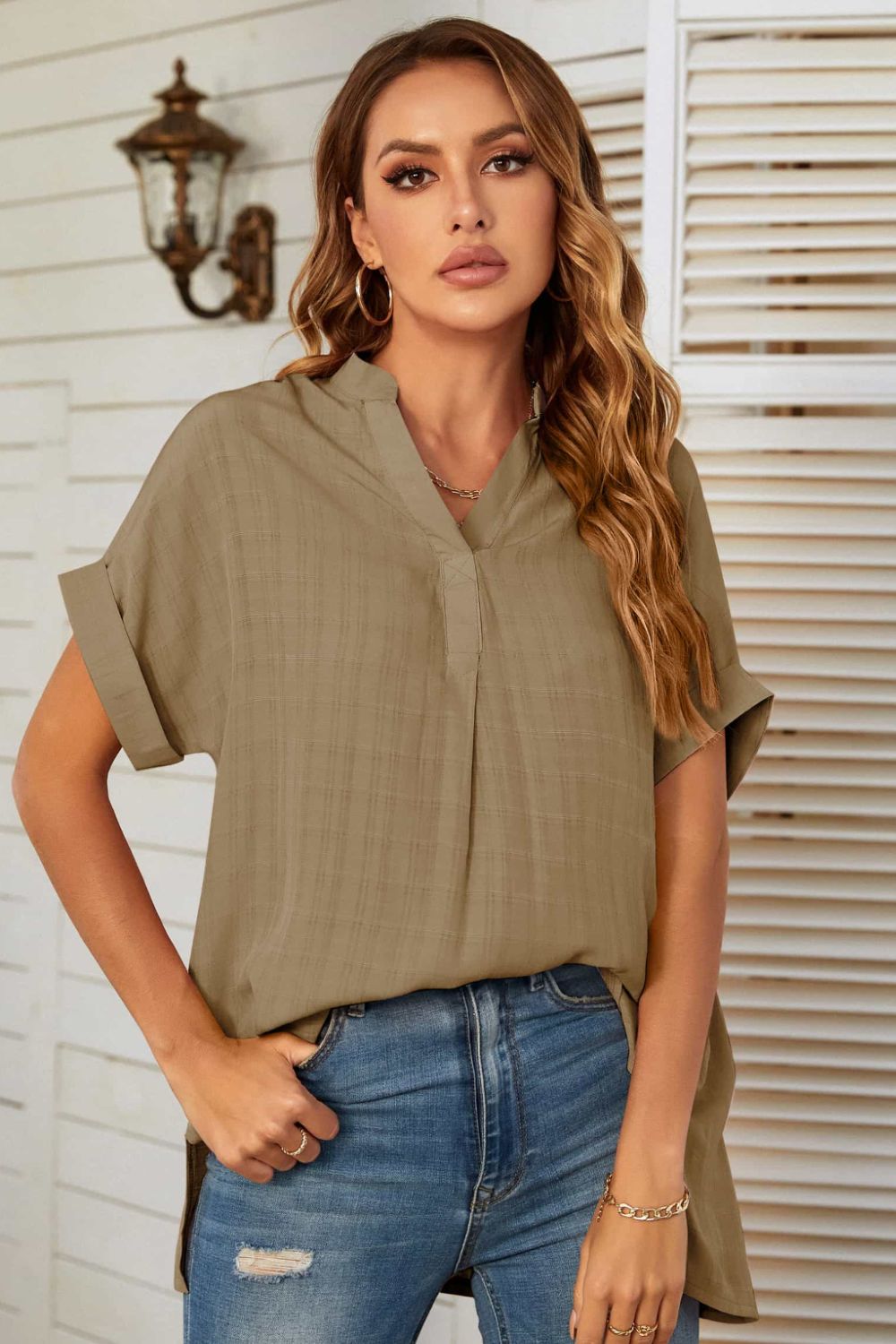 Mandy Notched Neck Slit Cuffed Blouse