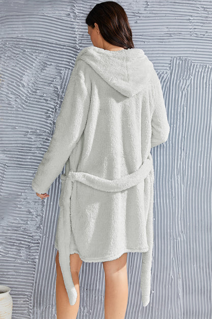 Fuzzy Tied Pocketed Hooded Lounge Nightgown