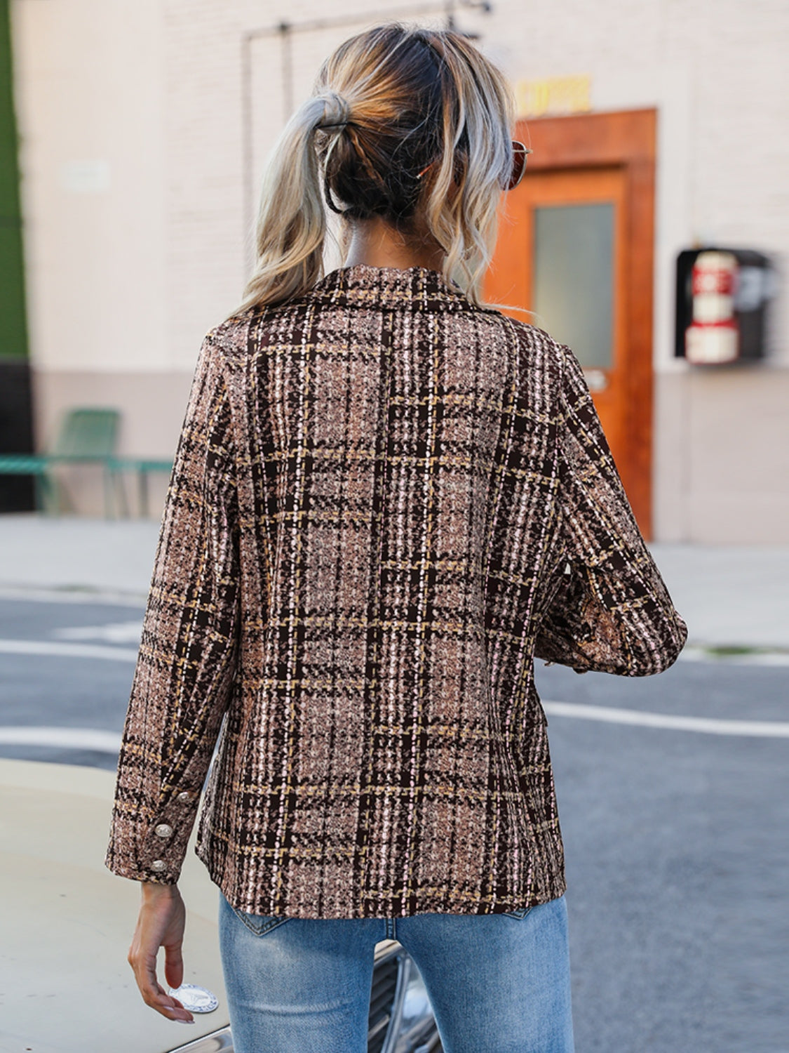 Blazer con cuello de solapa a cuadros de tamaño completo