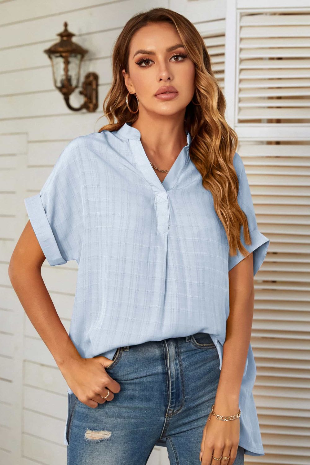 Mandy Notched Neck Slit Cuffed Blouse