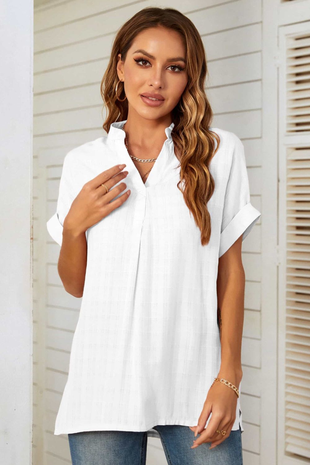 Mandy Notched Neck Slit Cuffed Blouse