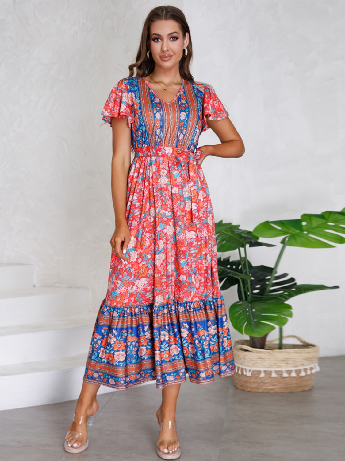 Tied Printed V-Neck Short Sleeve Dress