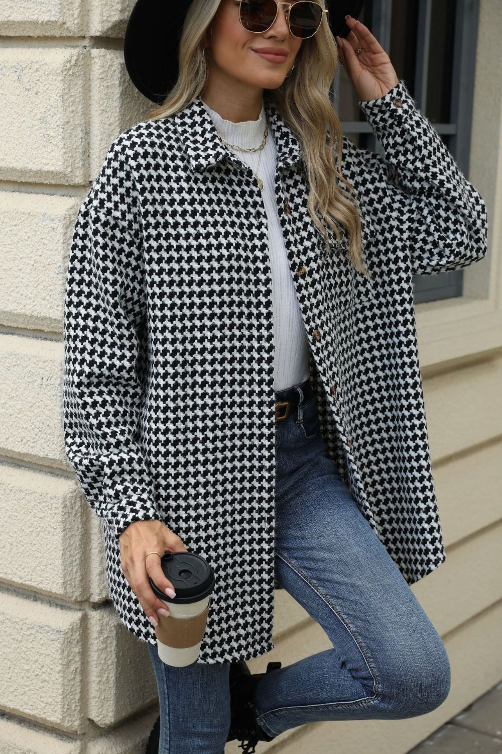 Houndstooth Button Up Dropped Shoulder Coat