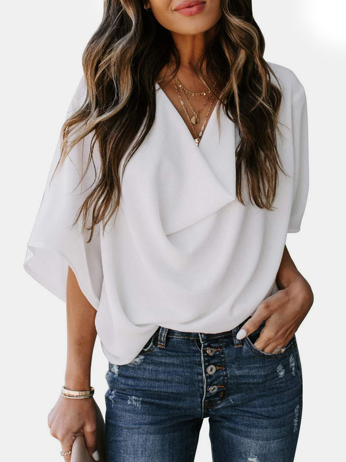 Blusa de manga tres cuartos con cuello vuelto y talla completa