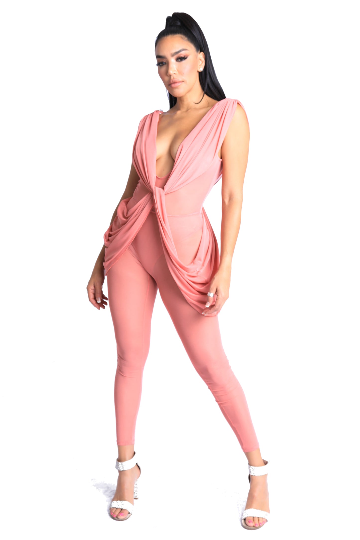 Lightweight Draped Mesh Jumpsuit