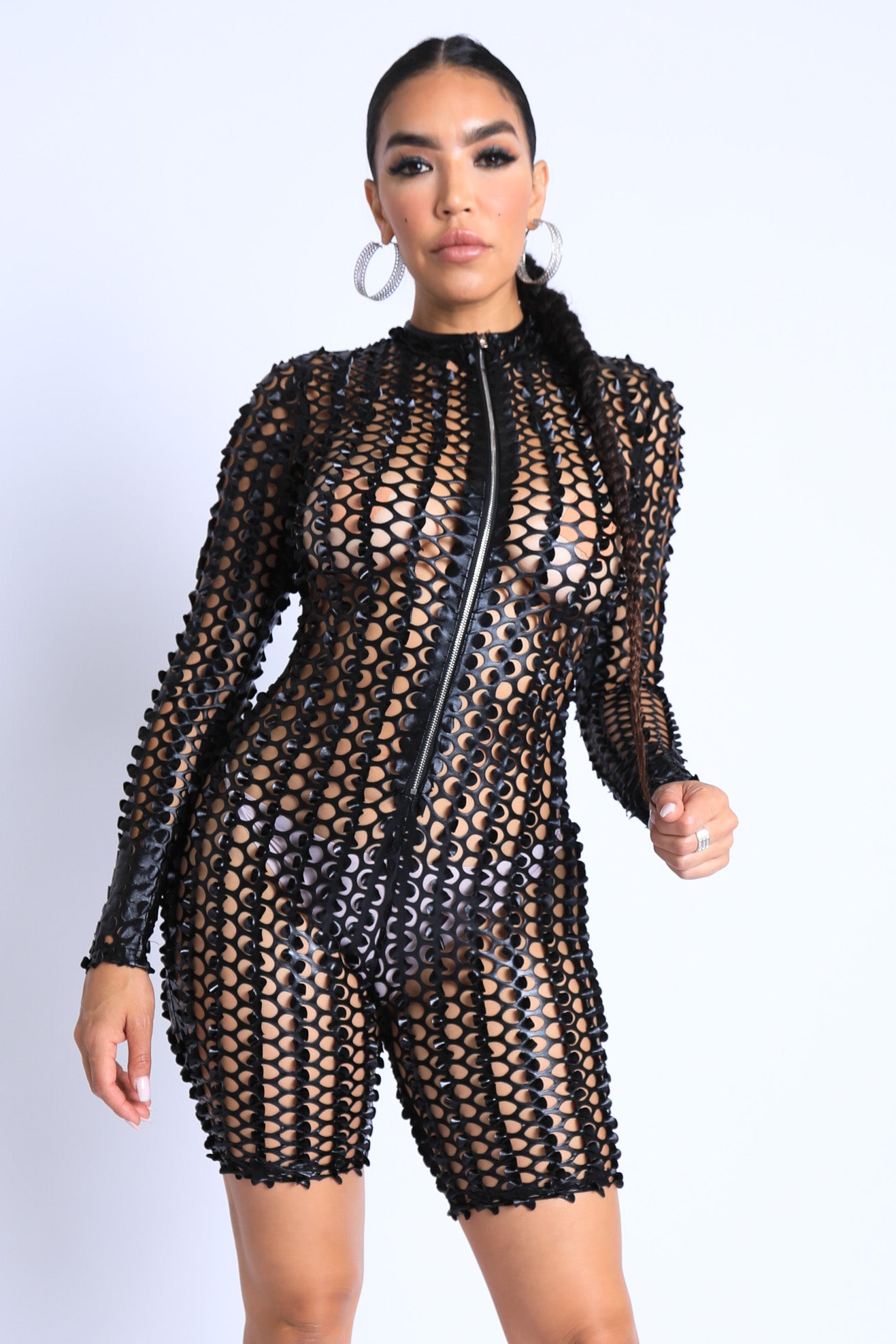 Long Sleeve Cutting Mesh Bodysuit