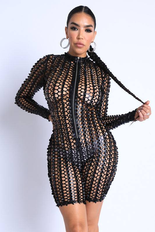 Long Sleeve Cutting Mesh Bodysuit