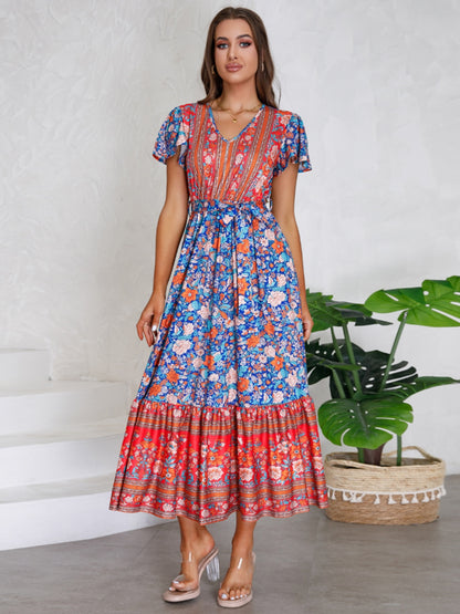 Tied Printed V-Neck Short Sleeve Dress