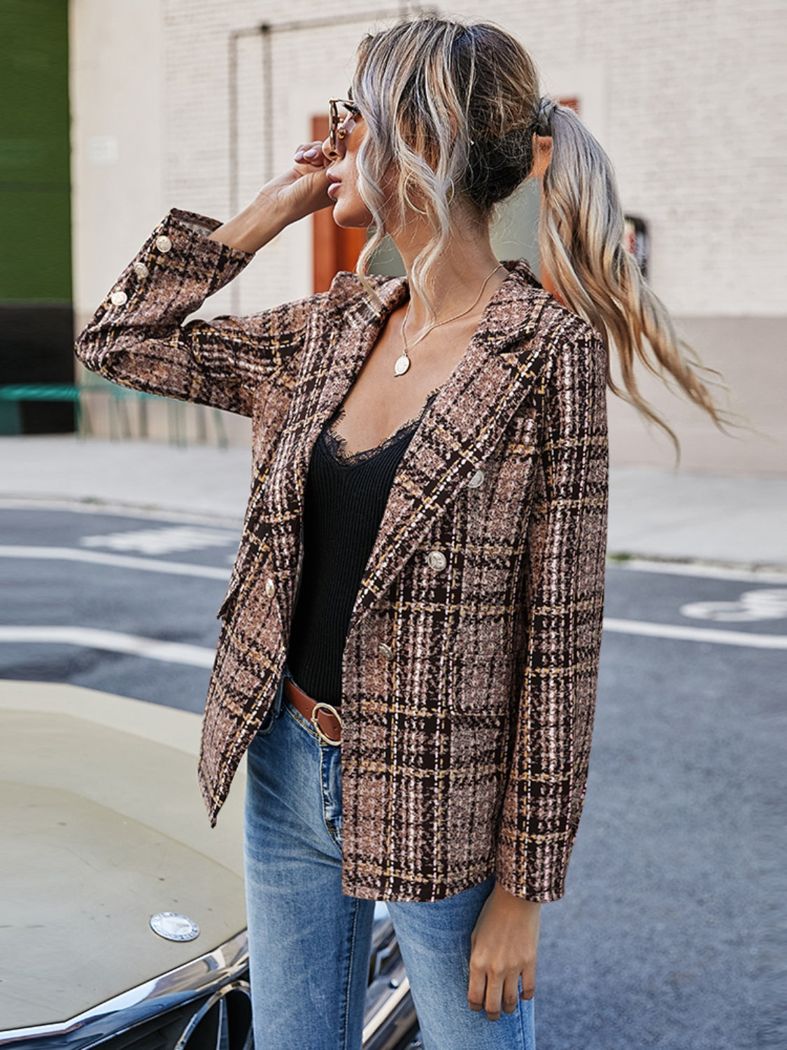 Blazer con cuello de solapa a cuadros de tamaño completo