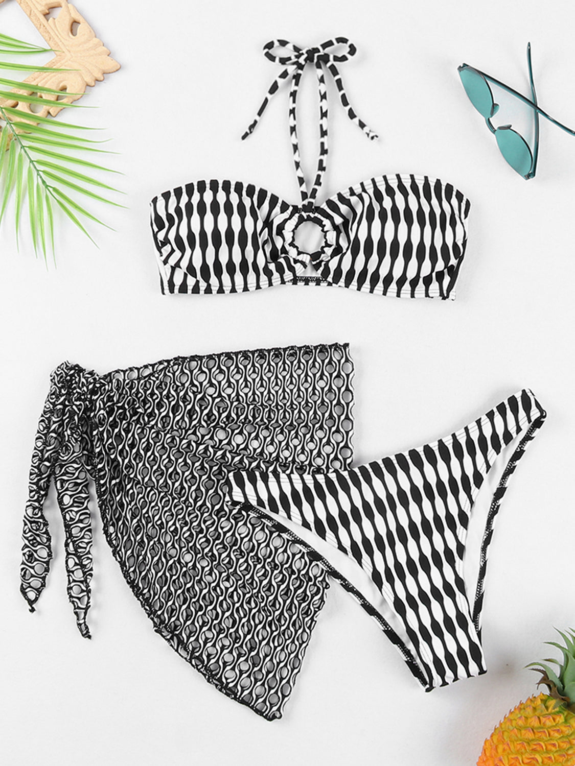 Geometric Halter Neck Three-Piece Swim Set