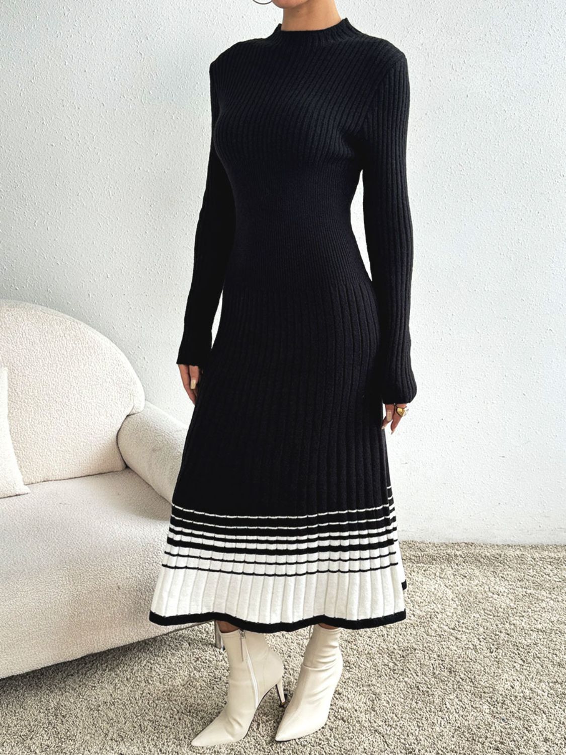 Contrast Mock Neck Long Sleeve Sweater Dress