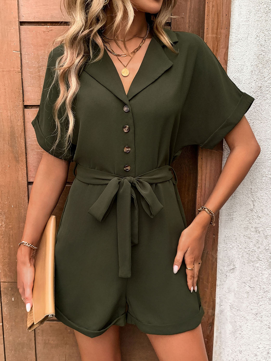 Perfee Half Button Tie Waist Short Sleeve Romper