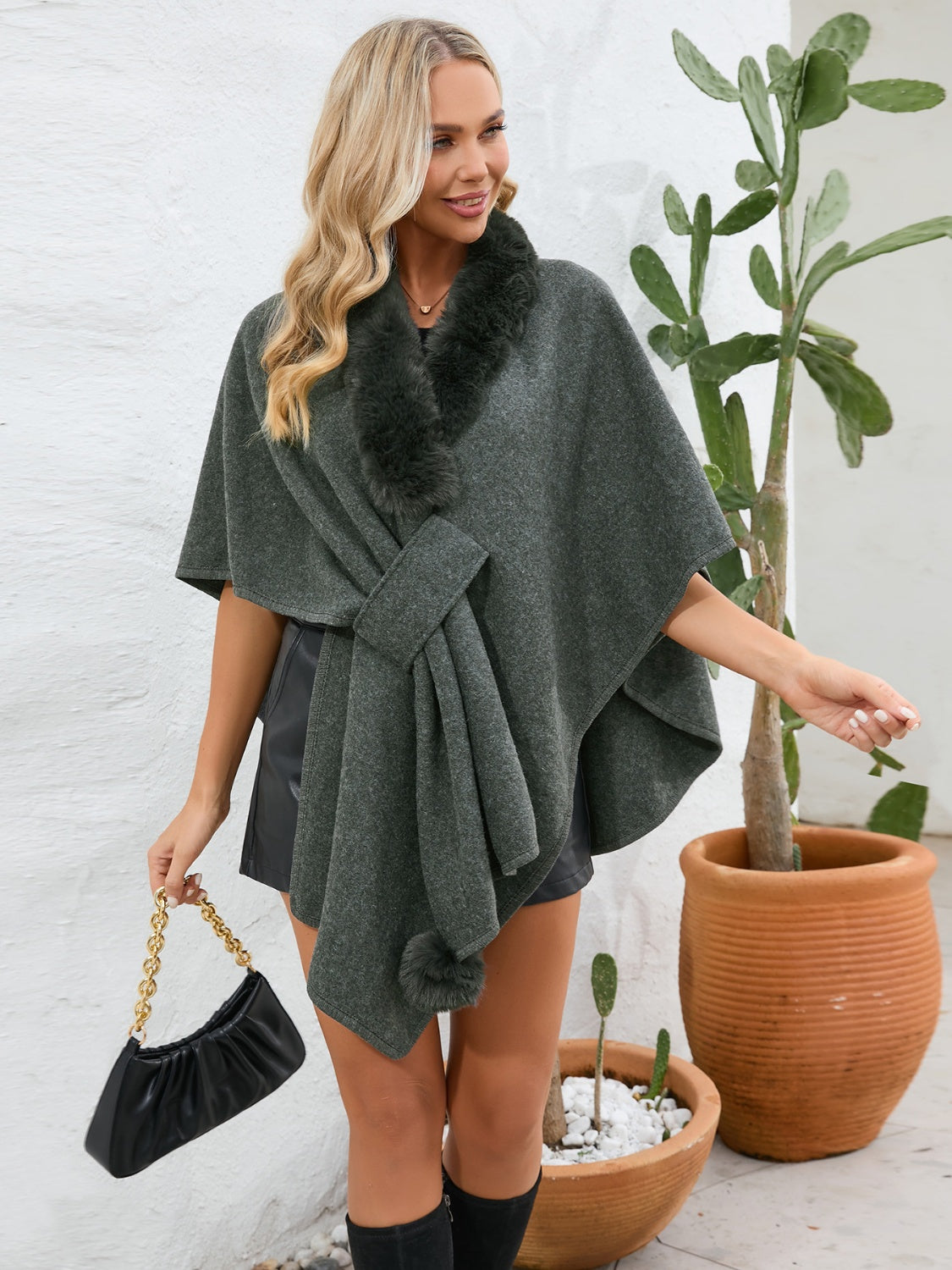 Fuzzy Trim Open Front Poncho