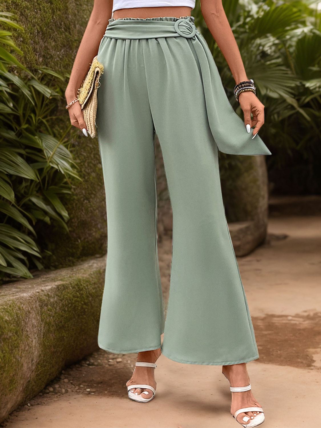 Elastic Waist Wide Leg Pants with Pockets