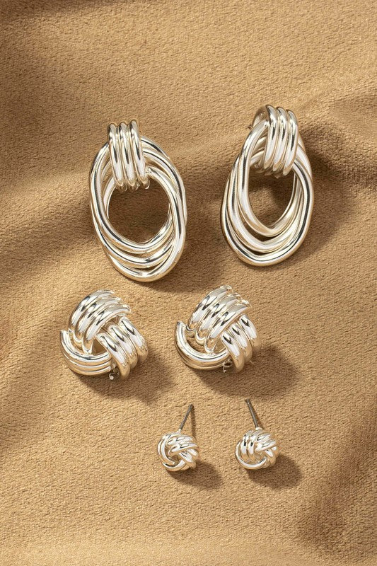 Premium Trio Metal Knot and Hoop Earrings