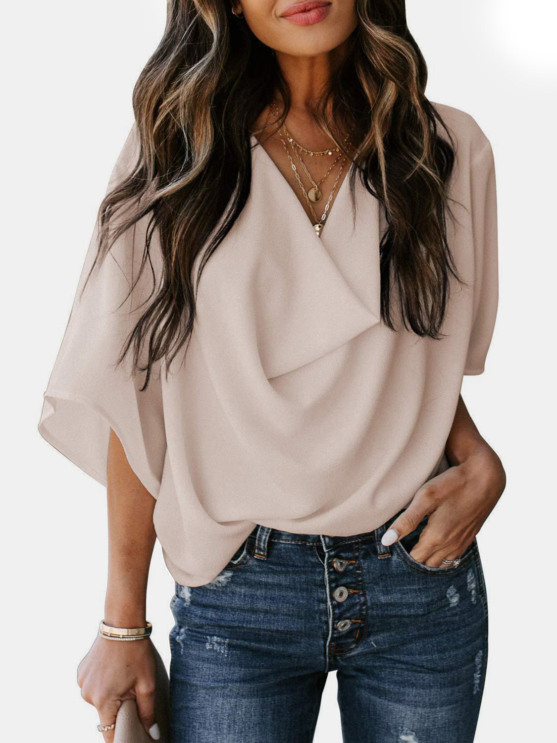 Blusa de manga tres cuartos con cuello vuelto y talla completa