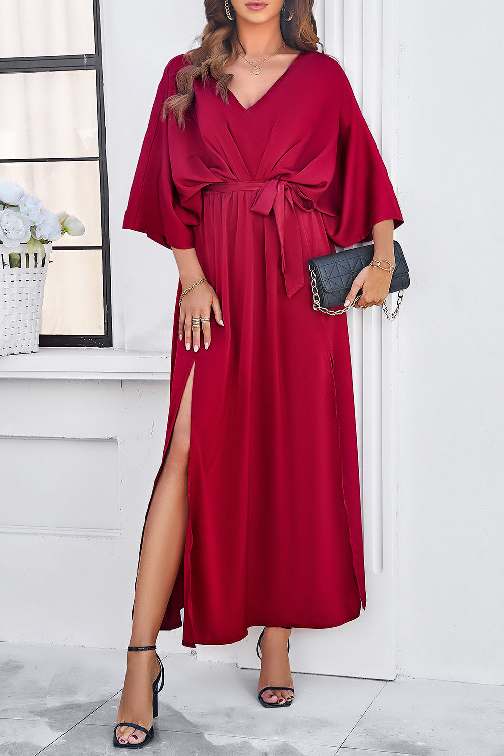 Slit Tied V-Neck Three-Quarter Sleeve Dress