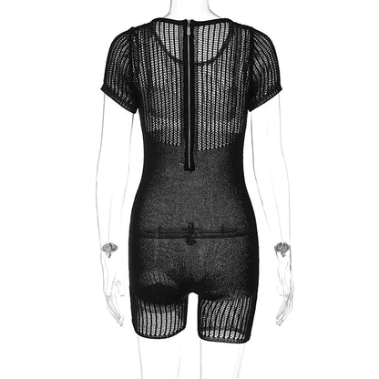 Knitted Hollow Out O-Neck Short Sleeve Skinny Romper