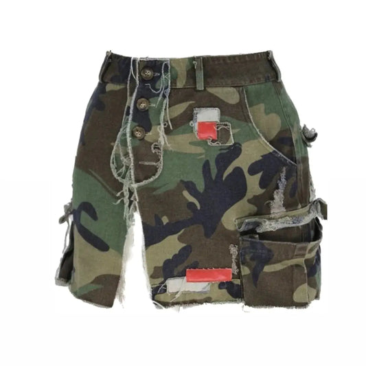 Patched Open Fire Distressed Camo Mini Skirt