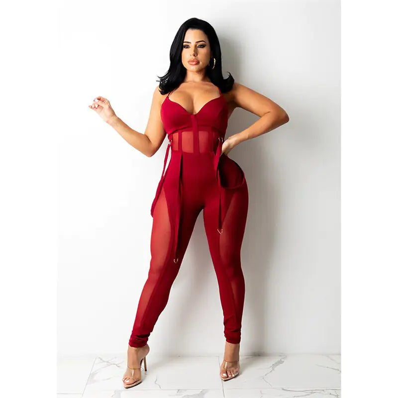 Spaghetti Strap Bodycon Mesh Jumpsuit