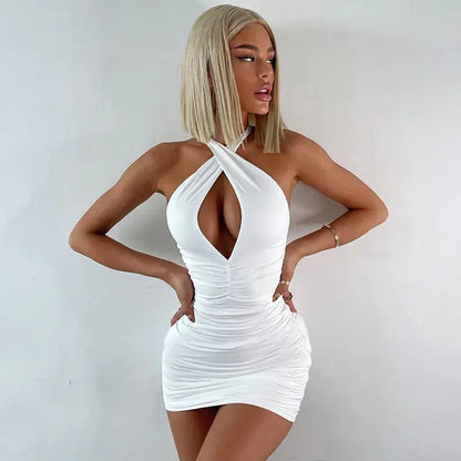 Summer Solid Backless Cut Out Women's Ruched Cross Halter Short Mini Dress